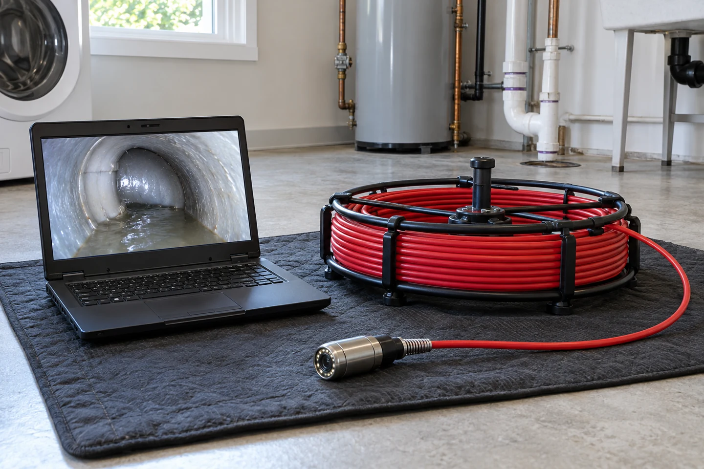 Horizontal red-hose camera reel in a black frame with a black laptop beside a utility-room mat