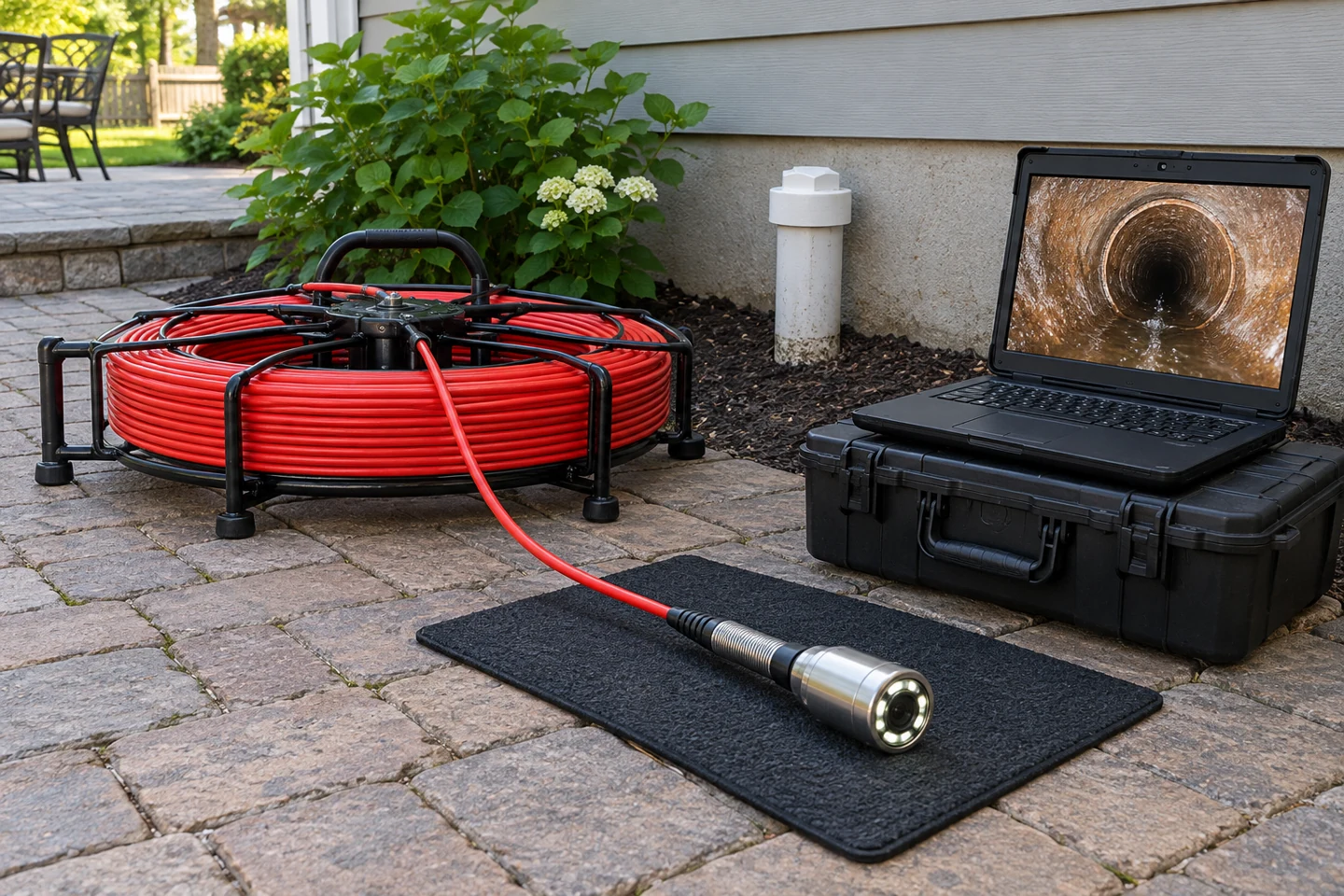 Horizontal red-hose inspection reel and black laptop showing a brown pipe interior on a patio