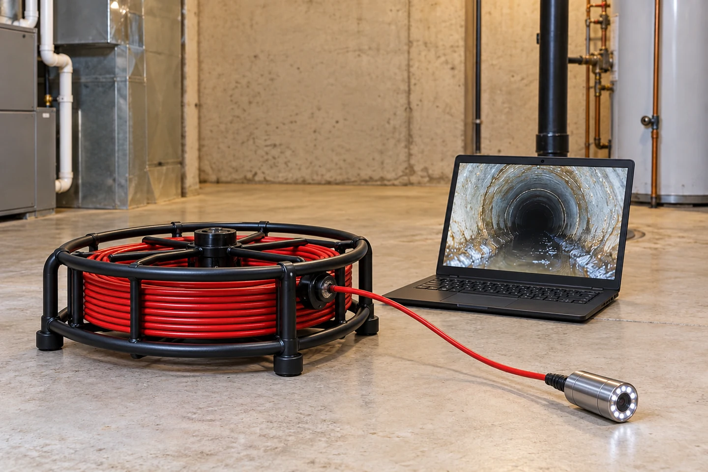 Horizontal red-hose camera reel in a black frame beside a black laptop showing a drain pipe interior