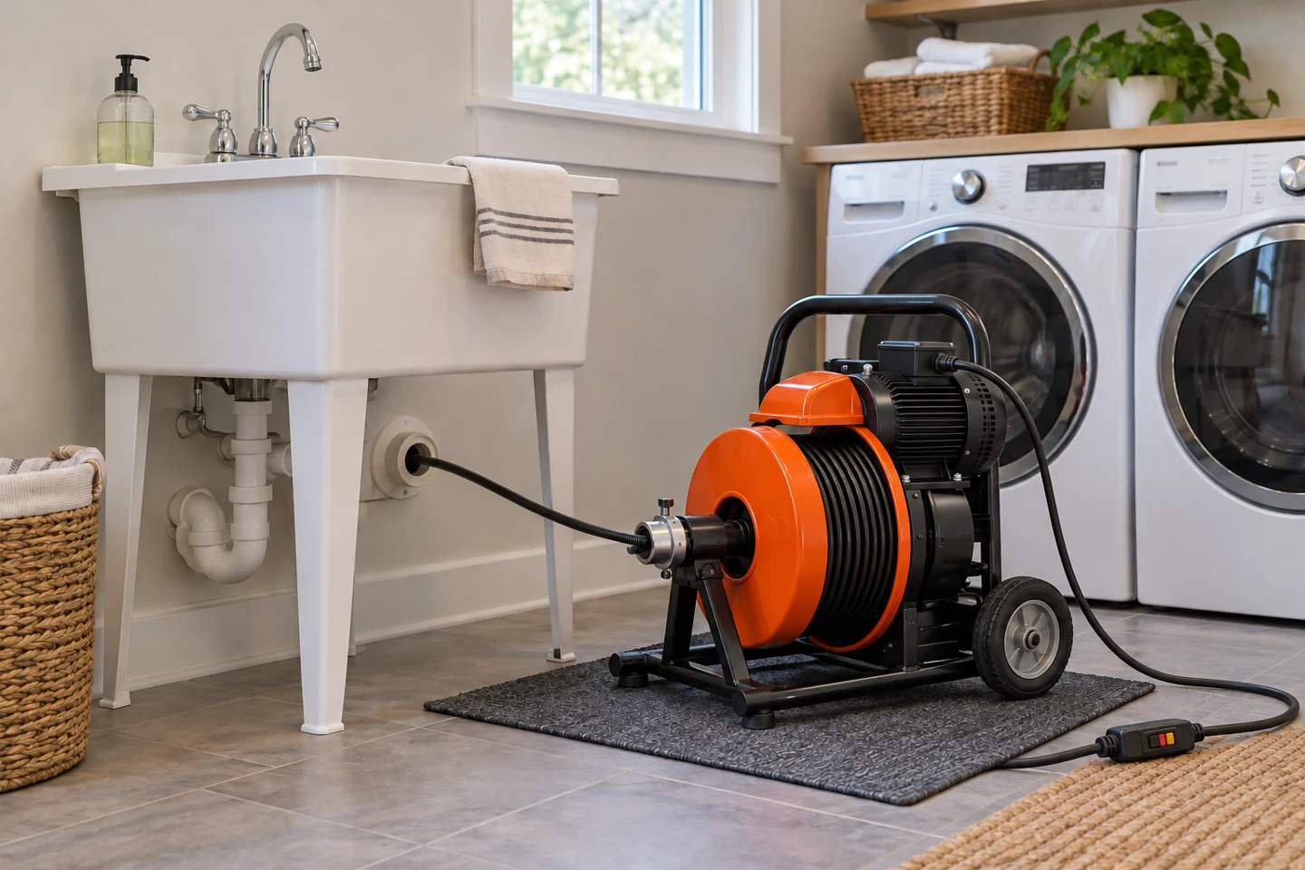 Electric drain snake machine connected to a wall cleanout beside a laundry utility sink