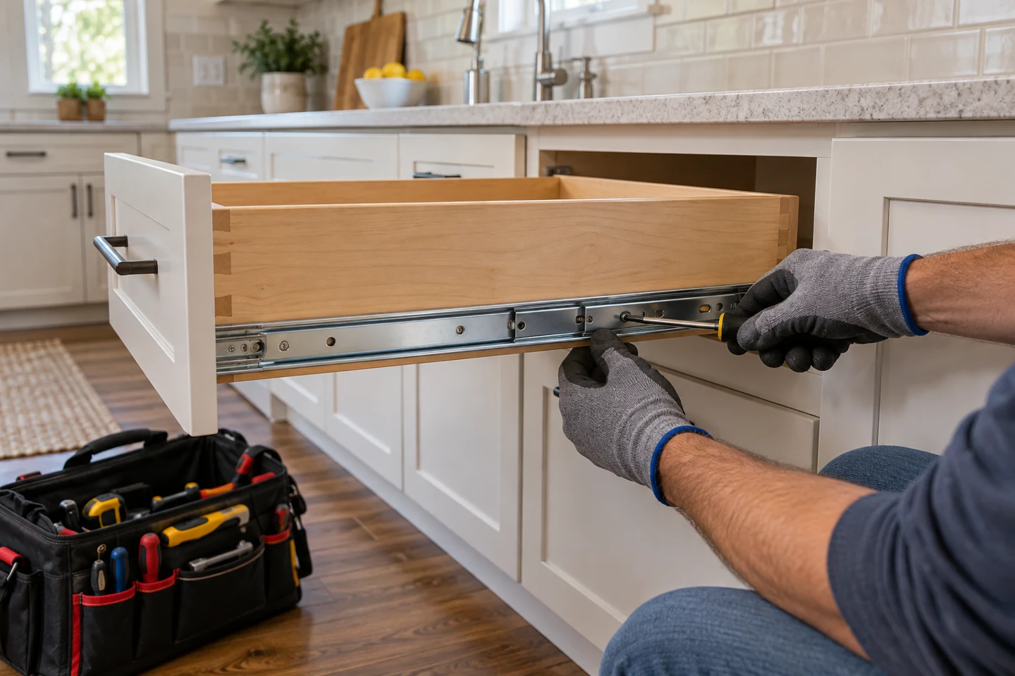Gloved hands adjusting a kitchen drawer slide with a screwdriver
