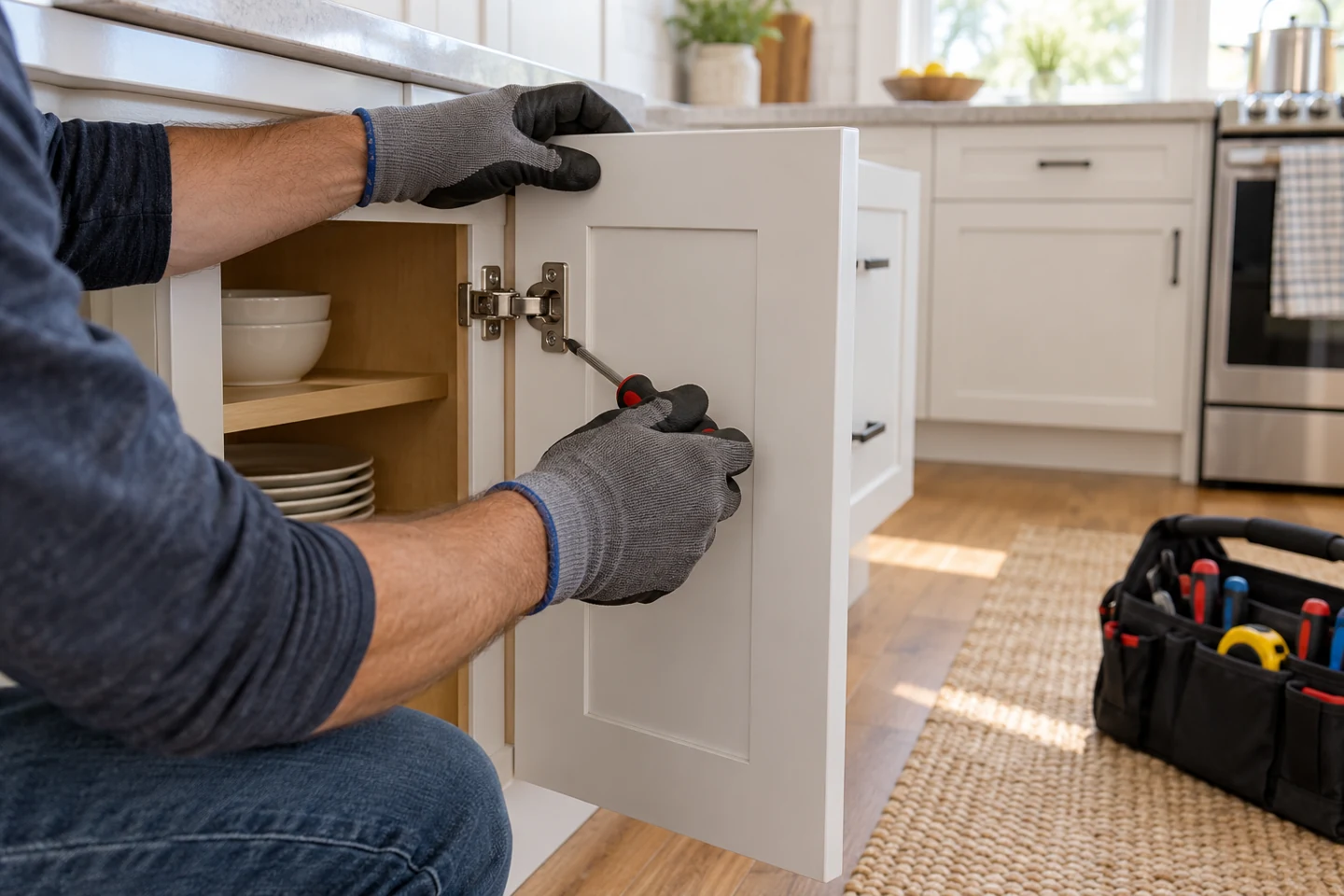 Gloved hands adjusting a kitchen cabinet hinge with a screwdriver